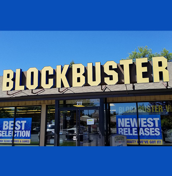 Image of last remaining Blockbuster storefront in Bend, Oregon.