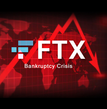 Image of FTX logo on background of downward trend arrow.