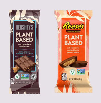 Image of Hershey's / Reese's plant based chocolate bars in packaging.