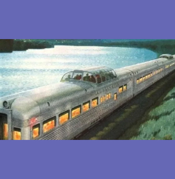 Image of train traveling near a lake.