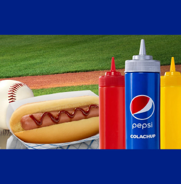 Image of Pepsi condiment bottle with hot dog and baseball.
