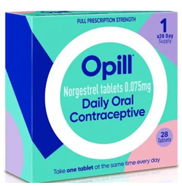 Image of Opill product box - first ever over the counter birth control pill.