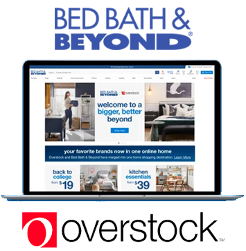Image of Bed Bath & Beyond and Overstock logos and website image on laptop.